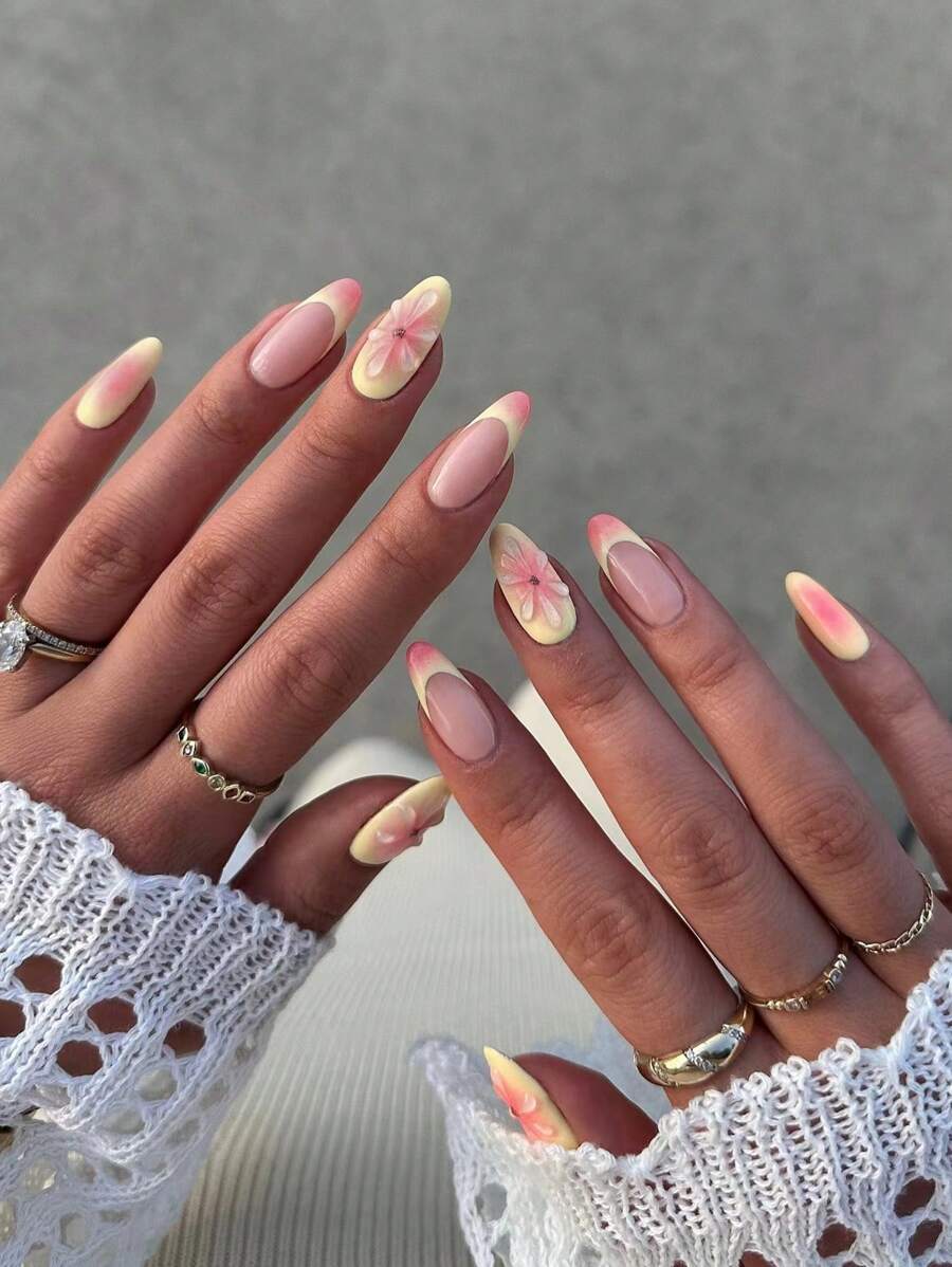 24 Peças Unhas Postiças de Gel 3D Formato de Amêndoa com Ponta Francesa, Flores 3D de Gel Médio, Design de Unhas Perfeito para Acrílico, Conjunto de Unhas Falsas, Contém 1 Peça de Cola de Gelatina e 1 Lixa de Unha, Unhas de Verão e Flores para Mulheres e Meninas Usarem no Dia a Dia, Trabalho, Estudo e Festa, Suprimentos de Unhas - Visão 1