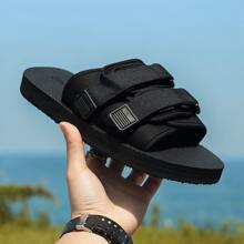 Men's Fashionable Hook Buckle Canvas Slip-On Adjustable Slippers, Casual Couple Beach Sandals For Indoor/Outdoor Wear