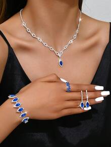 5 Cái/bộ Bộ Trang Sức Cưới Đính Kim Cương Giả Thời Trang - Vòng Cổ, Bông Tai, Vòng Tay, Nhẫn Cho Nữ - Bạc - Xem 5