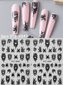 FULL BEAUTY 怪异黑白蜘蛛万圣节指甲暗色心形蜘蛛网蝙蝠美甲贴纸星月 Y2K 涂鸦卡通可爱滑块设计指甲贴花万圣节派对 DIY 饰品装饰指甲用品 - 黑與白 - 查看 15