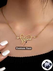 定制不对称线心形铭牌项链，金色心形名字情侣背肩项链，情人节，生日派对珠宝，情侣礼物，朋友礼物，同学开学礼物 - 金色 - 查看 1