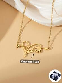 定制不对称线心形铭牌项链，金色心形名字情侣背肩项链，情人节，生日派对珠宝，情侣礼物，朋友礼物，同学开学礼物 - 金色 - 查看 3