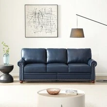 Mid-Century Modern Lounge Sofa, Comfy Faux Leather Couches With 2 Storage Boxes,  Upholstered  3 Seater Sofas Couches With Silver Nails Decoration,Leisure Sofa For Living Room, Bedroom, Apartment,Office. - Màu xanh lam - Xem 3