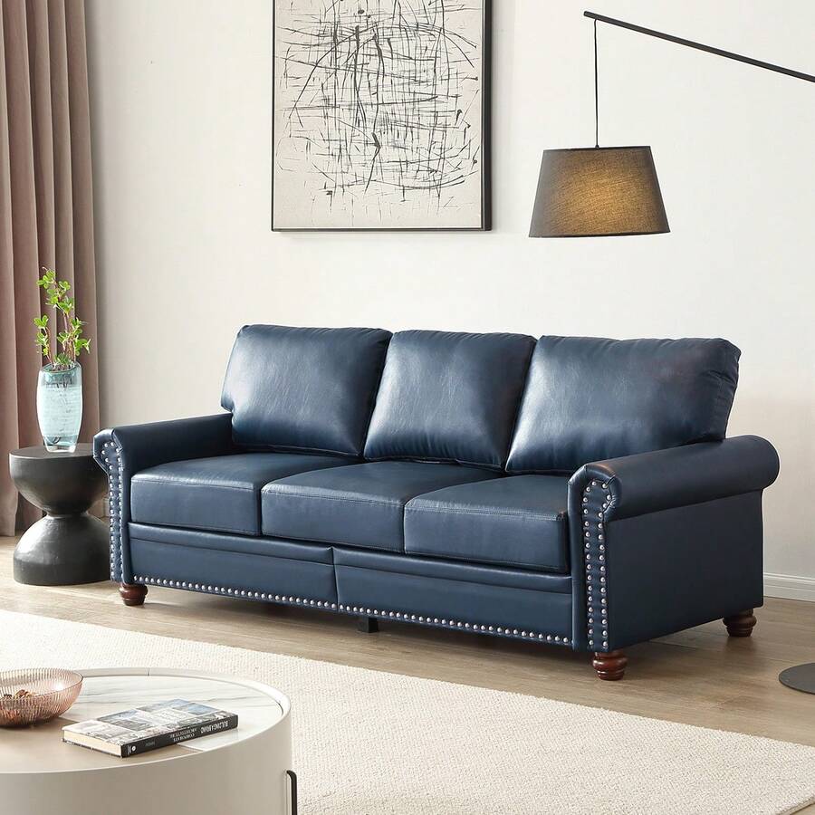 Mid-Century Modern Lounge Sofa, Comfy Faux Leather Couches With 2 Storage Boxes, Upholstered 3 Seater Sofas Couches With Silver Nails Decoration,Leisure Sofa For Living Room, Bedroom, Apartment,Office. - Màu xanh lam - Xem 1