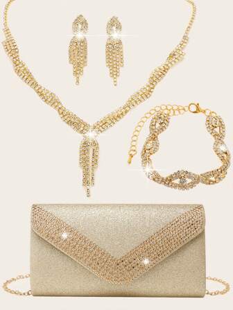 LETODE 4 件水钻首饰套装 闪亮项链耳环手镯套装 女士晚装手拿包 新娘婚礼银色闪亮 V 形水晶钻石装饰 优雅信封包 女士舞会包 带可拆卸金属链 适合婚礼和派对 女士单肩包 女士手拿包 女式手提晚装包 多功能闪光手提包 鸡尾酒会婚礼新款钱包 宴会包