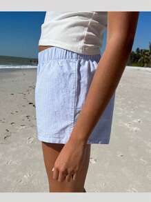Short con elástico de rayas para mujer, estilo pijama corto de cintura baja, lindo short de boxeo, pantalón corto de descanso de verano, ropa de dormir - Azul - Ver 5