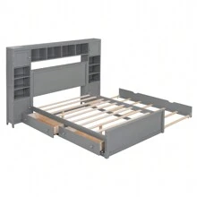 DlandHome 94'' Wood Bed, Solid Wood Bed With Multi-Functional Cabinets, Sockets, 4 Large Capacity Drawers Under The Bed, Full Storage Space