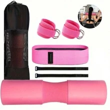 Set de almohadillas para barra para hombros que incluye 9 sets para sentadillas con barra, elevaciones de cadera, sentadillas con apoyo en las costillas, elevaciones de cadera y abducción, elevaciones de cadera, curl de piernas y sets de elevación para hombres y mujeres, 5 sets de sentadillas con barra que incluyen una almohadilla para barra, 1 banda de resistencia, 2 correas para tobillos y una bolsa de almacenamiento para la almohadilla de la barra, accesorios de gimnasio