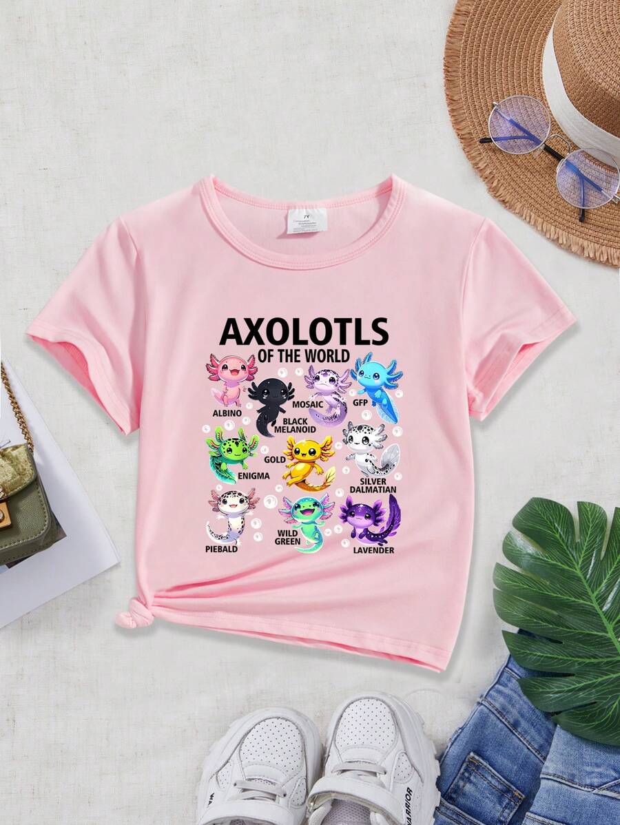 Young Girl Cute Cartoon Graphic & Slogan Print Short Sleeve T-Shirt - Pink - View 1