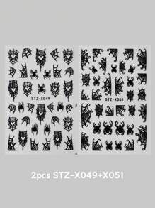 FULL BEAUTY 怪异黑白蜘蛛万圣节指甲暗色心形蜘蛛网蝙蝠美甲贴纸星月 Y2K 涂鸦卡通可爱滑块设计指甲贴花万圣节派对 DIY 饰品装饰指甲用品 - 黑與白 - 查看 14