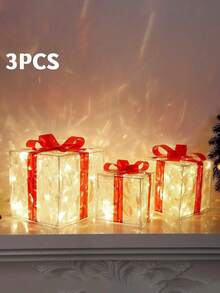 Set Of 3 Christmas 60 LED Lighted Gift Boxes, Transparent Warm White Lighted Christmas Box Decor, Presents Boxes With Red Bows For Christmas Tree, Yard, Home, Christmas Decorations