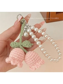 1pc Handmade White/Pink Woven Flower Backpack/Bookbag/Purse Pendant, Faux Pearl Decorated Bracelet / Keychain / Keyring, Crochet Flower Trinket In Summer Keychain Charms Lanyard For Keys Keychain Wristlet Gifts For Women Valentines