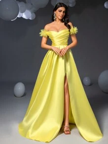 Faeriesty Off-The-Shoulder Ruched Satin Formal Ball Gown, Elegant Evening Wedding Guest Dress, Graduation Ceremony, Cocktail Party Dress - Yellow - View 1