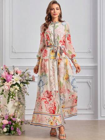 Summer Women's Elegant Floral Print Belted Loose Chiffon Dress