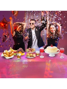 1 pieza Mantel de plástico con efecto iris de color rosa intenso, mantel desechable rectangular iridiscente y brillante, mantel de lámina holográfica, decoraciones de fiesta iridiscentes para cumpleaños, bodas y San Valentín, regreso a clases