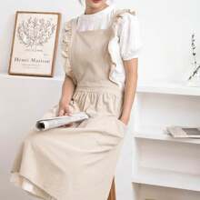 1 Miếng Ruffled Lanh Tạp dề , Lưng X Tạp dề Với Túi , Dây Tạp dề Đối với Bếp trưởng Nghề làm vườn Nấu nướng Làm bánh Người bán hoa Cửa hàng Bức tranh Tạp dề , Quần yếm - Màu Khaki - Xem 7