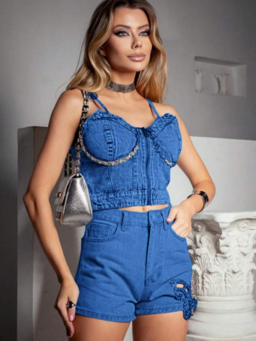 CROPPED JEANS STRAP - Màu xanh lam - Xem 1