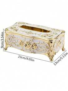 1pc European Rose Pattern Paper Towel Box, Suitable For Hotel, Restaurant, Home, Bathroom Paper Towel Storage And Desktop Decoration, Also Can Be Used For Home Bathroom Decor, Bathroom Storage, Autumn Decor And Back To School Decor. - Gold White - View 2
