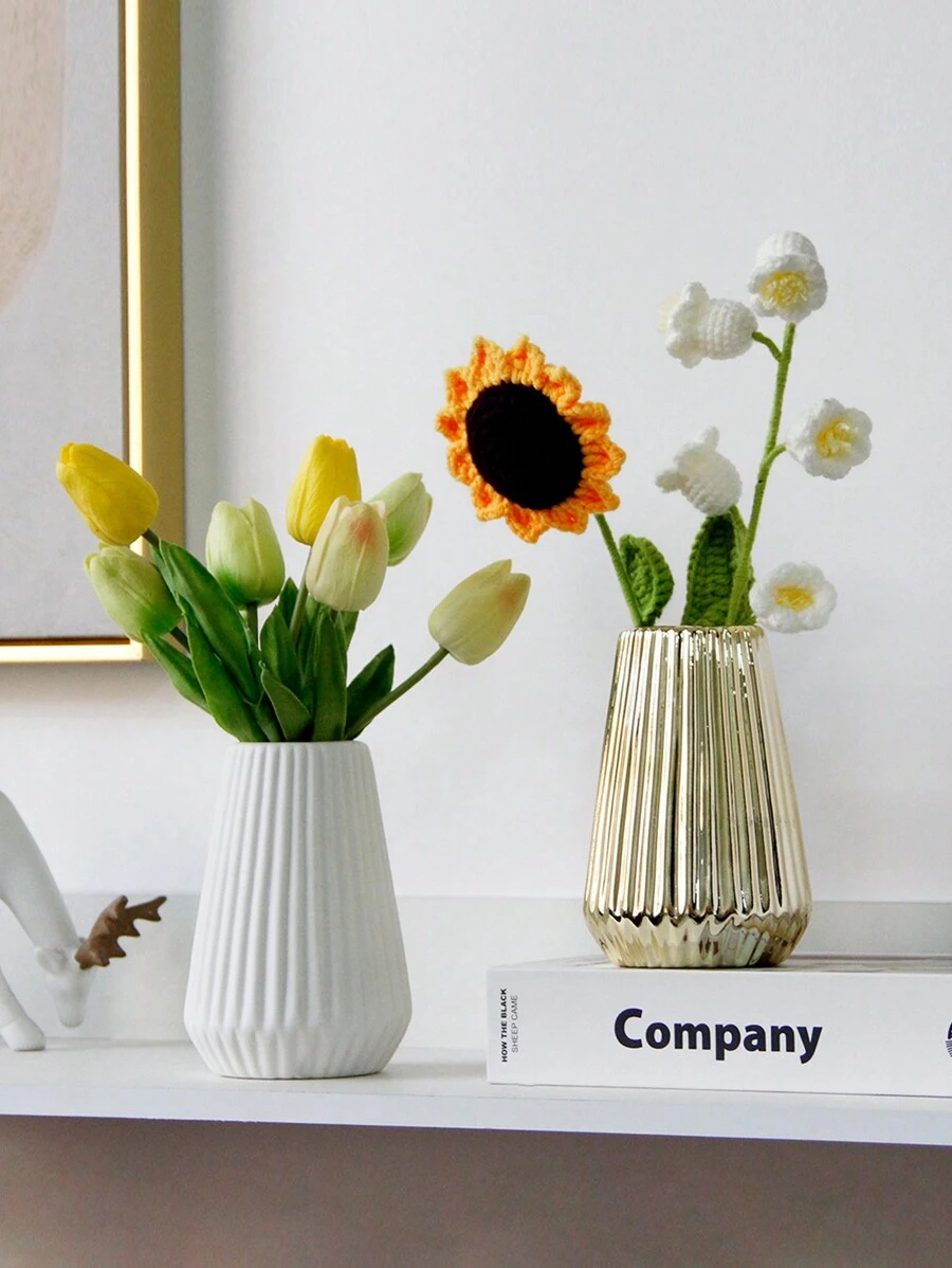 1 件垂直图案陶瓷花瓶，金色和白色，风格桌面装饰花瓶，适用于婚礼、派对、家居、办公室、酒店装饰 - 彩色 - 查看 1