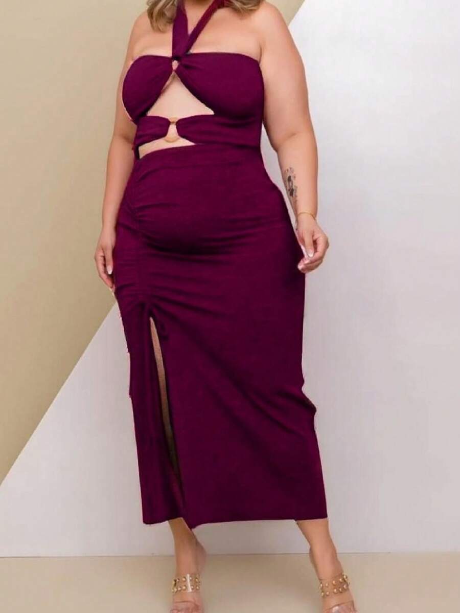 Elegant Plus Size Gringa Dress With Drapa Plus Neckline - 玫瑰紅 - 查看 1