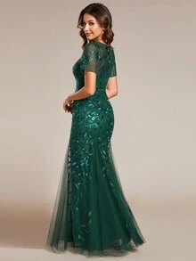 EVERPRETTY Round Neck Sequin Mesh Contrast Sleeveless Party Dress - Dark Green - View 2