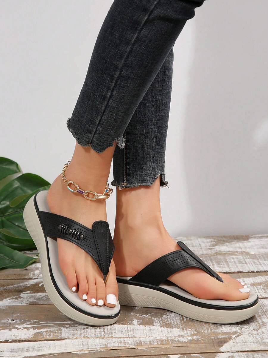 Thời Trang Nữ Mũi Tròn Đế Thông Dép Đế Dày, Slip-On, Chống Thấm Nước, Kích Thước Lớn, Mùa Hè - màu đen - Xem 1