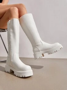 Knee High Boots Women, Comfortable Platform Round-Toe Side Zip Boots For Women - 白色 - 查看 5
