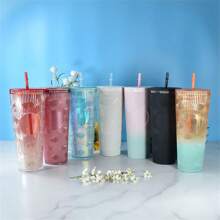 24 PACK 24OZ Studded Tumbler Double Wall Plastic Tumblers With Straw 8 Colors Reusable Iced Coffee Cup - 混合顏色 - 查看 4
