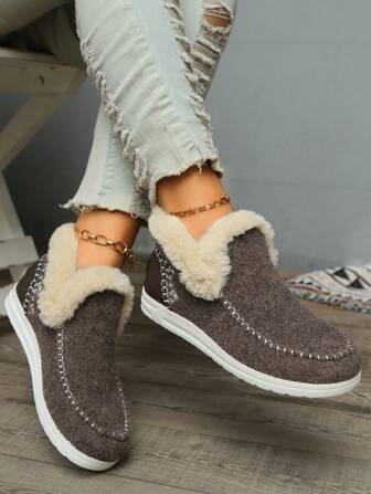 Women Soft Fuzzy Flat Slip-On Sneakers, Cozy Plush Lining, Comfortable Casual Winter Shoes