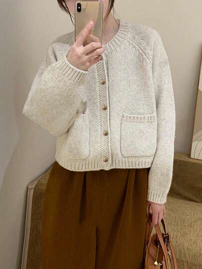 Elegant Sweet V-Neck Solid Color Front Buttoned Pocket Long Sleeve Cardigan