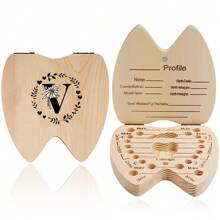 1 pieza Caja de madera para guardar dientes, caja de almacenamiento de dientes para niños y niñas con diseño de patrón de inicial y nombre creativo, caja recolectora del cordón umbilical y dientes, caja de recuerdos, organizador en inglés - Albaricoque - Ver 14