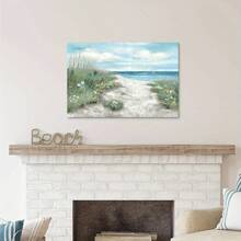 Blue Sky Beach Canvas Art: Abstract Coastal Painting With Flower & Straw Elements For Living Room-32x24x1.5inch - Canvas Wall Art - View 1