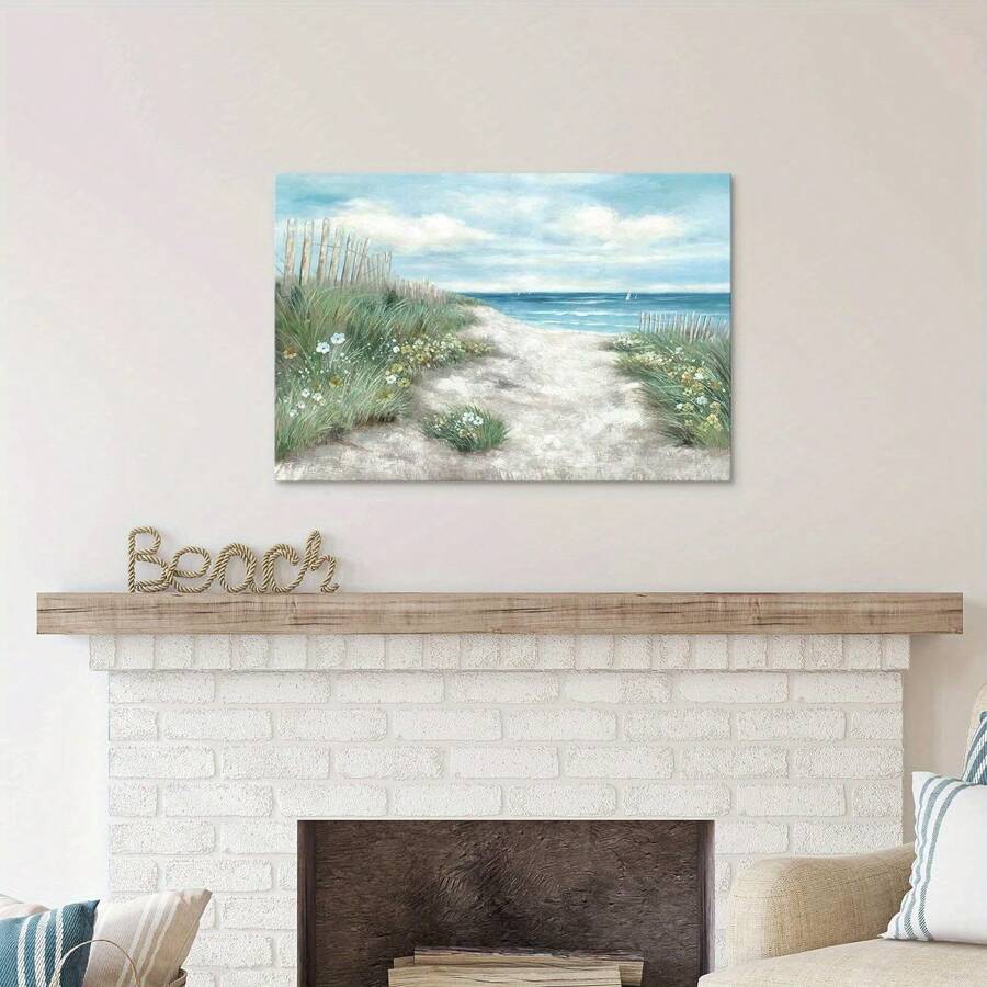 Blue Sky Beach Canvas Art: Abstract Coastal Painting With Flower & Straw Elements For Living Room-32x24x1.5inch - Canvas Wall Art - View 1
