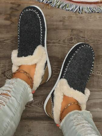 Women's Fluffy Flat Slip-On Sneakers, Warm Plush Lining, Comfortable Casual Winter Shoes