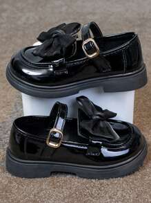 女童蝴蝶结软底皮鞋，幼儿公主裙鞋，适合春秋季节 - 黑色 - 查看 5