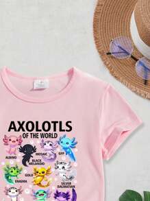 Young Girl Cute Cartoon Graphic & Slogan Print Short Sleeve T-Shirt - Pink - View 4