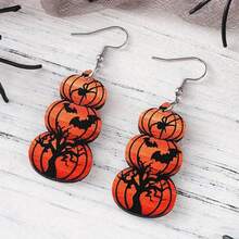 1 对木质双面万圣节黑色蜘蛛网、蝙蝠和南瓜印花复古哥特式耳环，适合女士，万圣节派对礼物 - 耳環 - 查看 4