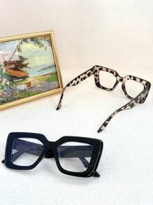 2副方形大框女士眼镜，沙滩配饰，女士眼镜時尚眼鏡，适合夏季海滩度假、户外活动和旅行。 - 黑白平白豆花白平 - 查看 3