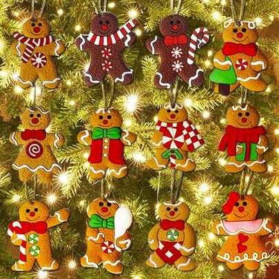 A Set Of 12 Wooden Christmas Gingerbread Man Ornaments, Indoor Christmas Party Decorations, Christmas Gifts.,Christmas