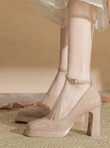 Bombas con tacón ancho de punta cuadrada para mujer, zapatos de vestir con plataforma, patentado, impermeables, con correa de tobillo - rosa desnudo - Ver 1