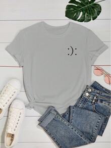 Camiseta Feminina Babylook T Shirt 100% Algodão Carinha Sorriso Smile Feliz Triste - Cinza - Visão 2