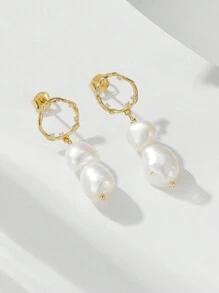 1pair S925 Silver French Baroque Style Freshwater Pearl Earrings For Women, Unique Design All-Matching High-End Earrings