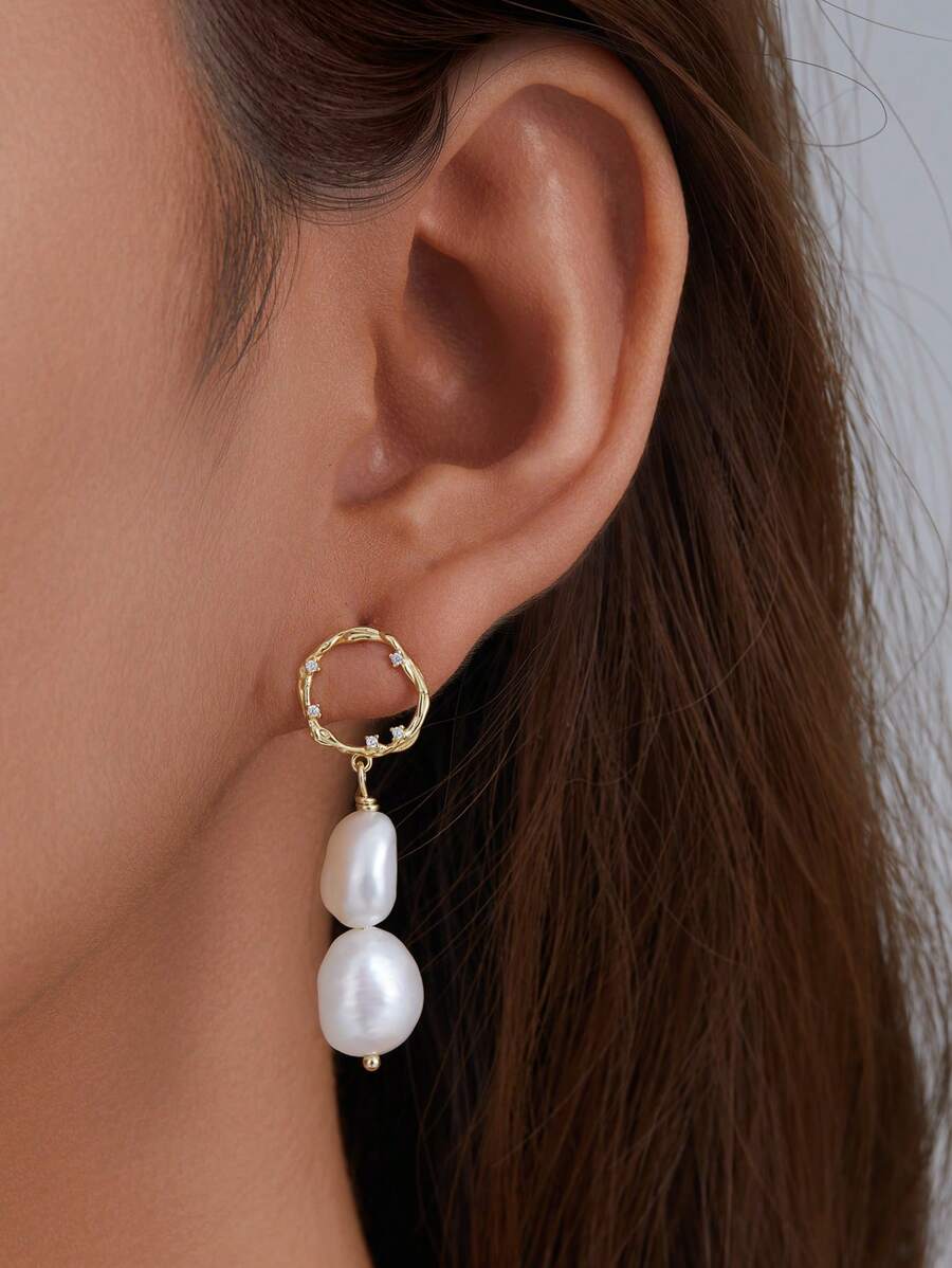 1pair S925 Silver French Baroque Style Freshwater Pearl Earrings For Women, Unique Design All-Matching High-End Earrings