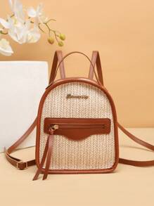 1 bucă geantă tote țesătă cu paie, cu bloc de culoare retro de vară, geantă de mână/rucsac minimalistă, geantă universală pentru studenți/de plajă, geantă nouă pentru femei 2024, ușoară