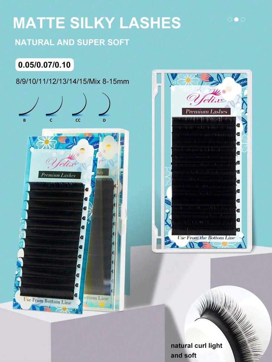 Yelix Matte Black Classic Mi giả dạng nối B/C/CC/D cong Mi giả Mink nhẹ tự nhiên và mềm mại dùng cho mục đích chuyên nghiệp Mi chùm, Mi chùm, Mi lẻ, Lông mi, Mi giả