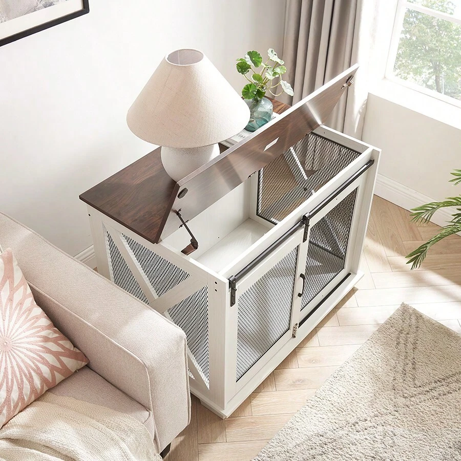 Aelflane Farmhouse Dog Cage Crate Furniture With Sliding Barn Door, Farmhouse Wooden Dog Kennel End Table With Flip-Top Plate Dog House With Detachable Divider For Small/Medium/Large Dog White - 白色 - 查看 1