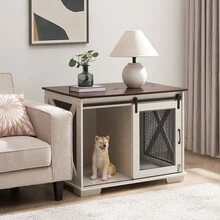 Aelflane Farmhouse Dog Cage Crate Furniture With Sliding Barn Door, Farmhouse Wooden Dog Kennel End Table With Flip-Top Plate Dog House With Detachable Divider For Small/Medium/Large Dog White - 白色 - 查看 5