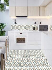 5 piezas de baldosas de piso autoadhesivas de PVC, diseño de mosaico simple, resistente a rayones, impermeable, adhesivo de alta resistencia, fácil de cortar, para renovación del hogar - flor verde - Ver 12