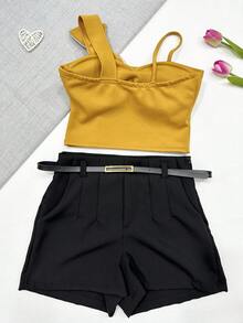 Cropped Bow Set With Two-Way Shorts And Thin Belt - 卡其色 - 查看 3