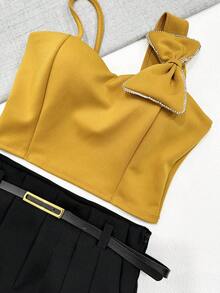 Cropped Bow Set With Two-Way Shorts And Thin Belt - 卡其色 - 查看 2